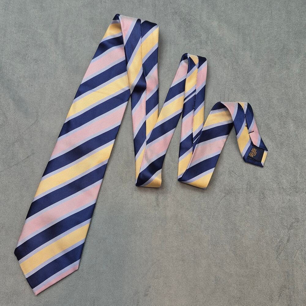 Henry Jacobson Vintage Hand Made 100% Silk Striped Tie Blue Yellow Pink